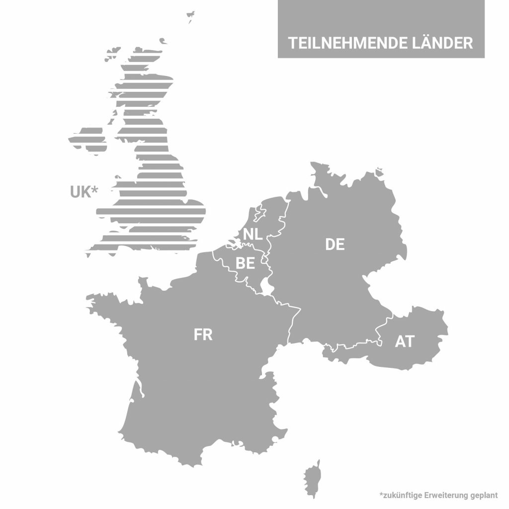 Eine Übersichtskarte zeigt die Länder, in denen die neuen Zahlungsmöglichkeiten von GGM Gastro und Mondu verfügbar sind: Deutschland, Österreich, Niederlande, Belgien und Frankreich. Großbritannien ist schraffiert dargestellt mit dem Vermerk, dass für dort eine zukünftige Erweiterung geplant ist.