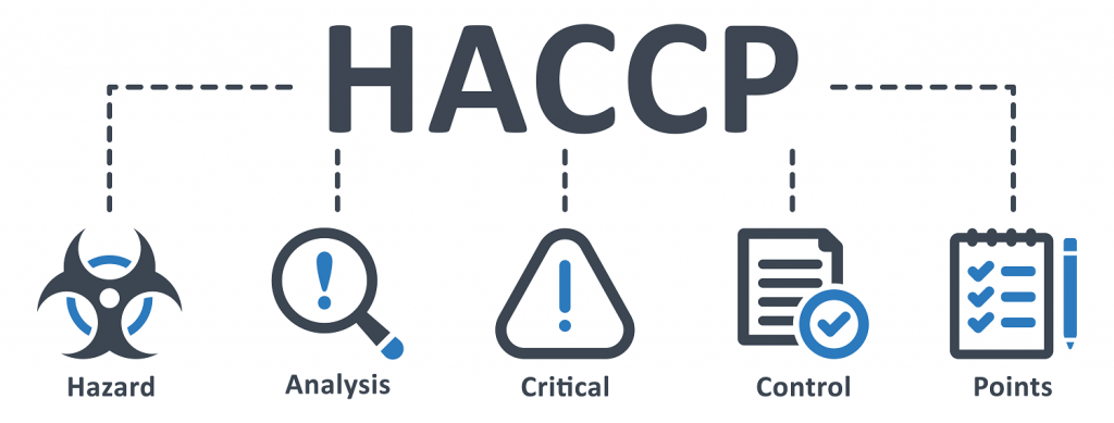 Eine Grafik mit Piktogrammen veranschaulicht, wofür bei einem HACCP-Konzept das Akronym HACCP steht: Hazard Analysis and Critical Control Points. Auf Deutsch: Gefahrenanalyse mit kritischen Kontrollpunkte.