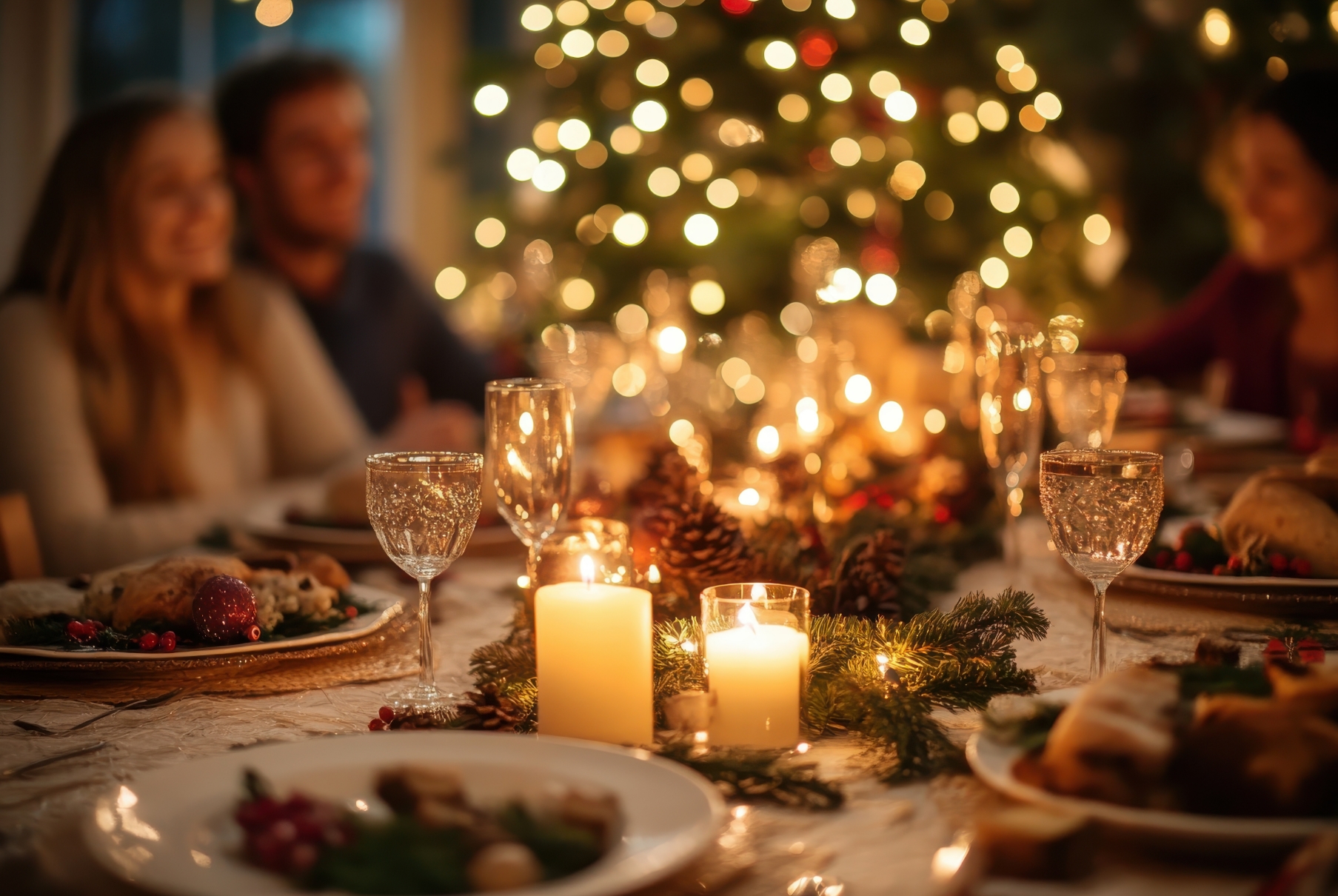 Man sieht einen gedekten Weihnachtstisch mit Kerzenbeleuchtung.