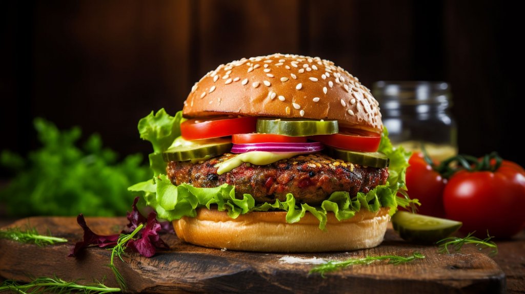 Vegan lentil burger with salad, mustard sauce, fresh and vegetables on a wooden board. Vegan food concept. (Foto: petrrgoskov / stock.adobe.com) Grilltrend: Veganer Linsenburger mit Salat, Senfsauce und frischem Gemüse, angerichtet auf einem Holzbrett. (Foto: petrrgoskov / stock.adobe.com)