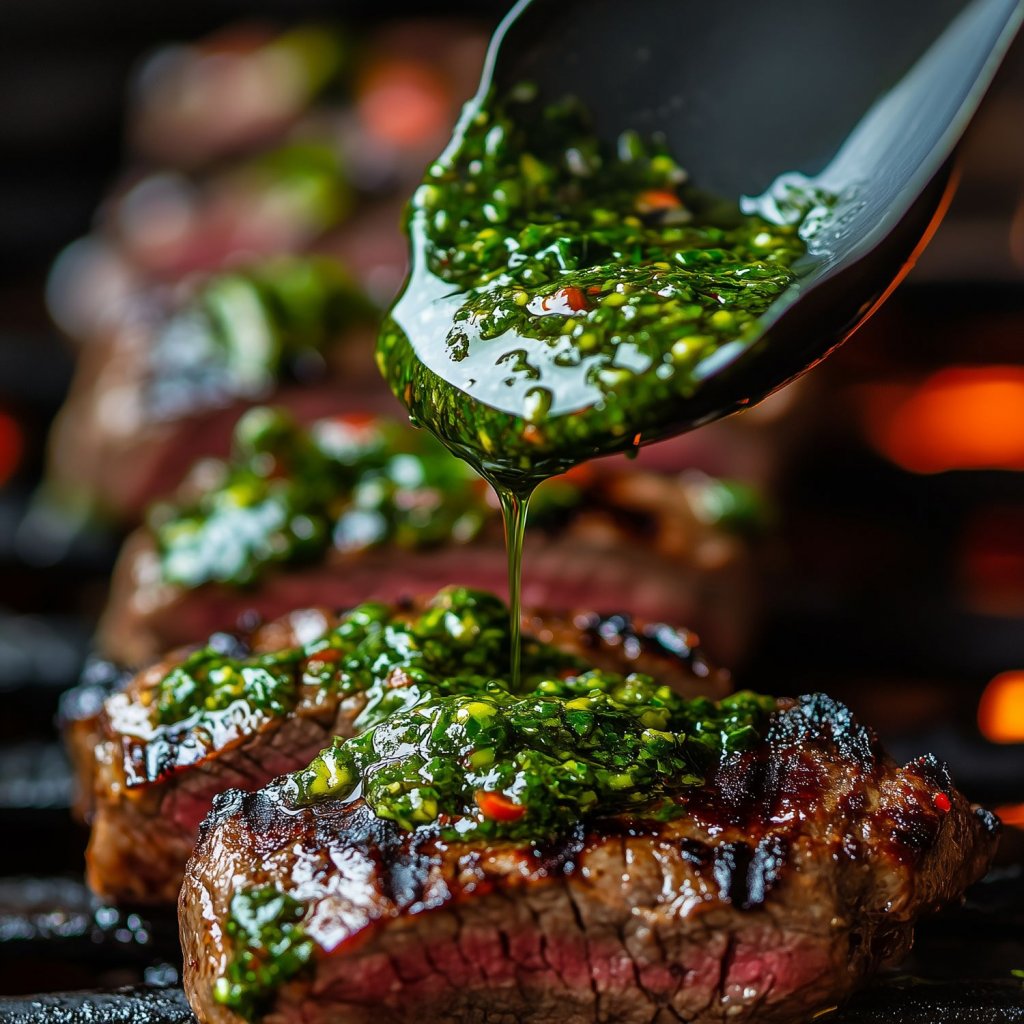 Grilltrend: Nahaufnahme von Chimichurri-Sauce, die über ein perfekt gegrilltes Steak geträufelt wird, mit starkem Farbkontrast zwischen grüner Sauce und rot gebratenem Fleisch. (Foto: Tatiana / stock.adobe.com)