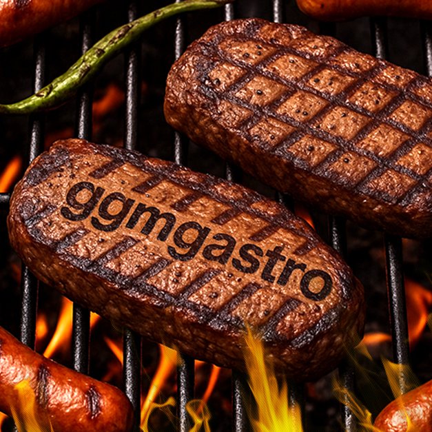 Zwei Steaks mit Grillmuster, eines davon mit dem eingebrannten "ggmgastro"-Schriftzug, liegen neben Bratwürstchen und Pimientos auf einem Grillrost über einem Kohlenfeuer.