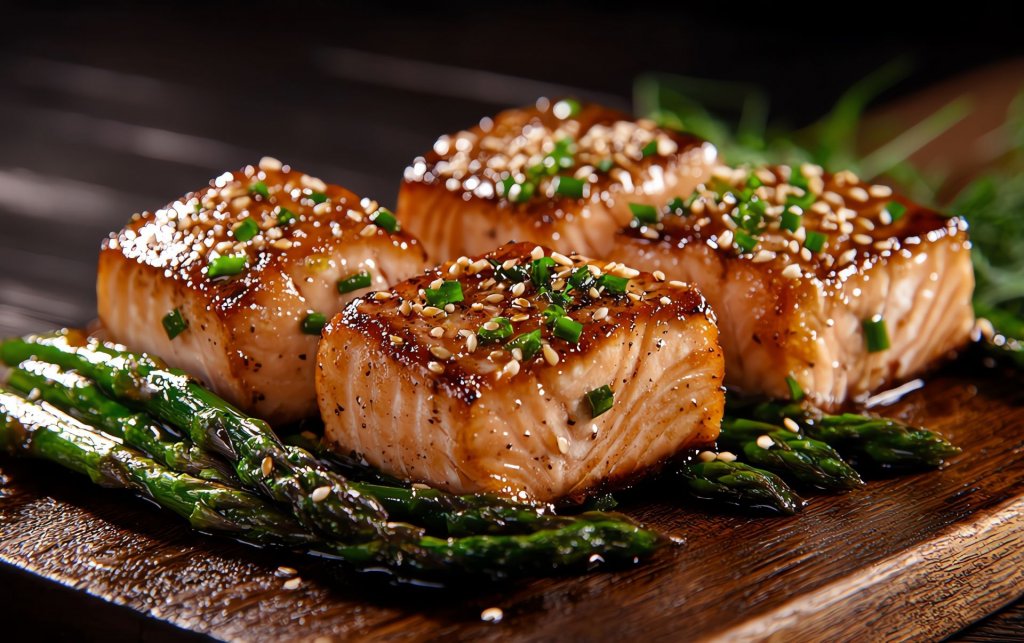 Misoglazed stirfry with salmon, asparagus, and shiitake mushrooms, garnished with sesame seeds and served on a rustic wooden board. (Foto: GoodRNG / stock.adobe.com) Grilltrend: Miso-glasierter Lachs mit grünem Spargel und Shiitake-Pilzen, serviert auf einem rustikalen Holzbrett, garniert mit Sesam. (Foto: GoodRNG / stock.adobe.com)