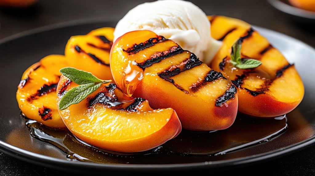 Grilltrend: Gegrillte Pfirsiche mit Honig und Vanilleeis, ein warmes, sommerliches Dessert mit wohligem Aroma. (Foto: SoGood / stock.adobe.com)