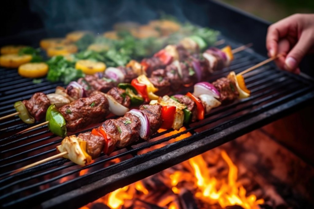 Mediterrane Fleischspieße – frisch gewendet, direkt vom Grill. (Foto: Alfazet Chronicles / stock.adobe.com) Grilltrend: Hand am Grill mit mediterranen Fleischspießen, frisch zubereitet über offener Flamme. (Foto: Alfazet Chronicles / stock.adobe.com)