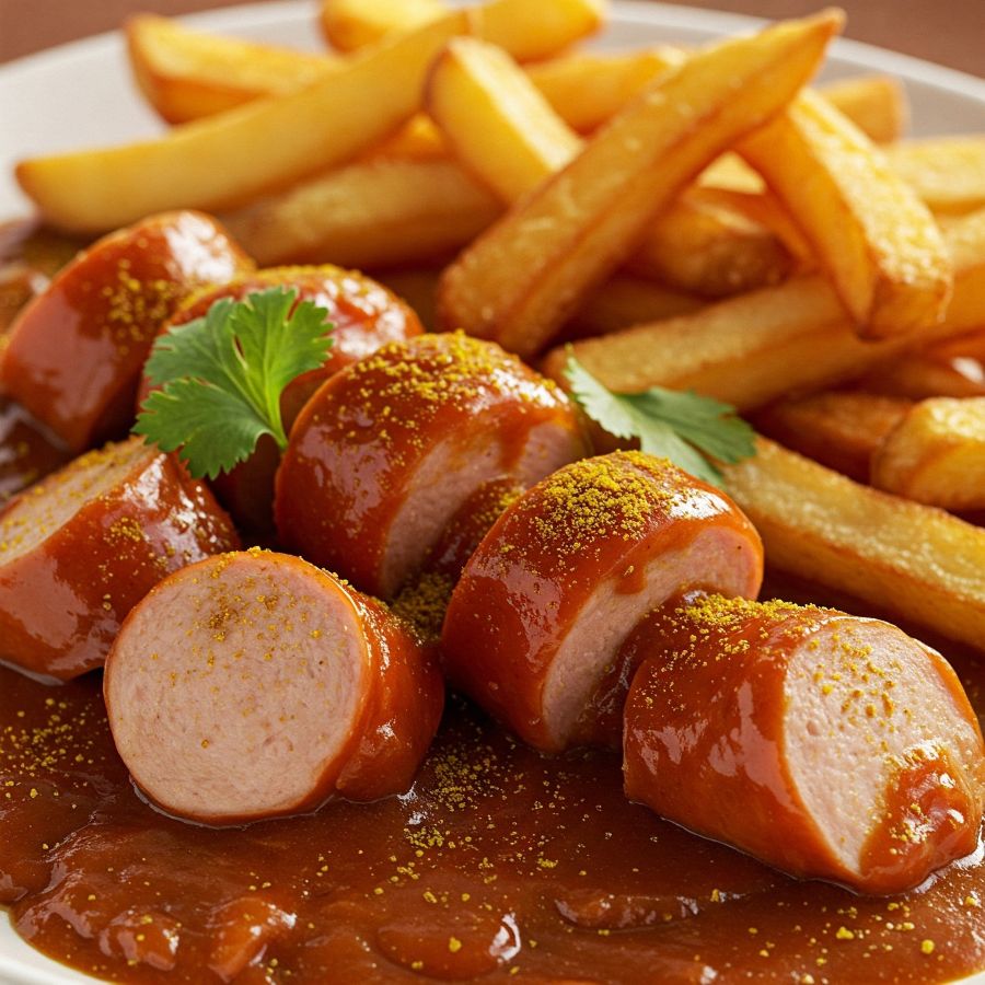 Eine Currywurst mit dick geschnittenen Pommes, serviert mit einer reichhaltigen Currysauce auf Tomatenbasis, garniert mit frischen Kräutern.
