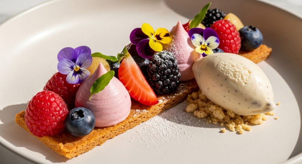Dessertkreation mit frischen Beeren, essbaren Blüten und Vanilleeis auf "Fine Dining"-Niveau.