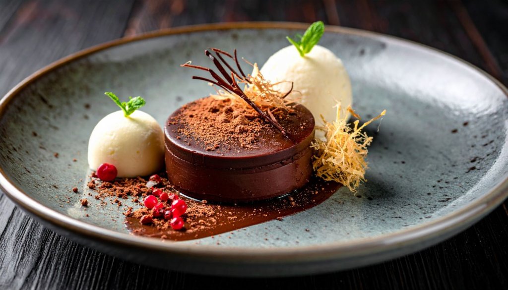 Ein elegantes Schokoladendessert mit Eiscreme und dekorativer Garnierung. Das Dessert wird auf einem wunderschönen Teller serviert und vermittelt ein Gefühl von Genuss und Raffinesse.