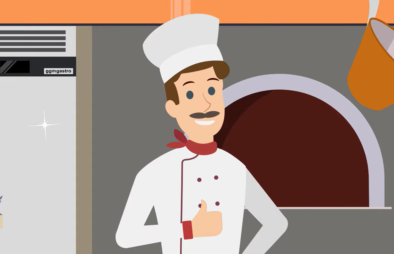 Een chef-kok die zijn duim omhoog steekt, staat voor een grote pizzaoven.